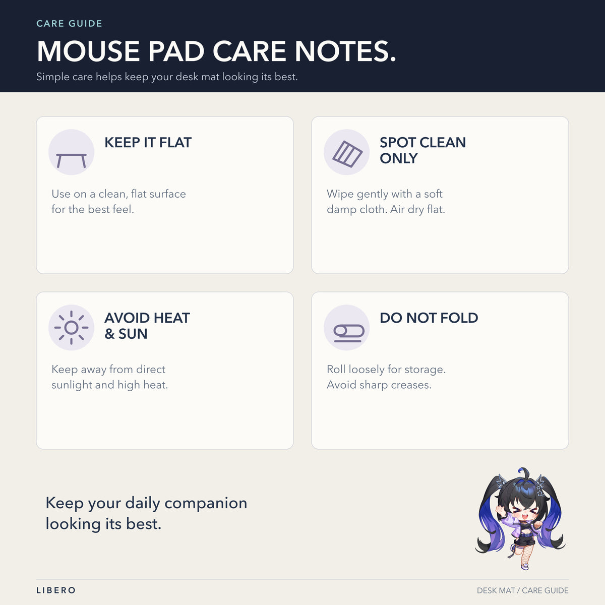 Mouse pad care guide: spot clean, air dry, avoid high heat and folding