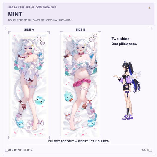 Mint dakimakura pillowcase, original full-body artwork on Side A and Side B. Pillowcase only; insert not included.