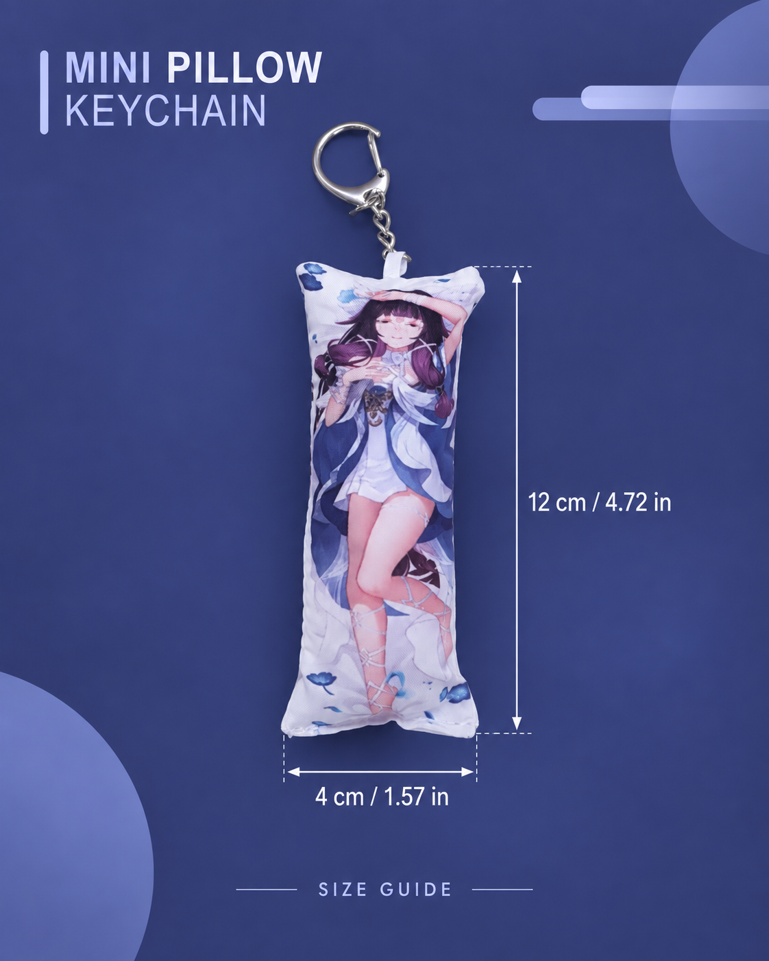 GI Mini Dakimakura Pillow Keychain, 4 × 12 cm Plush Pillow Charm, Double-Sided Character Art Bag Accessory, Gift for Anime Fans