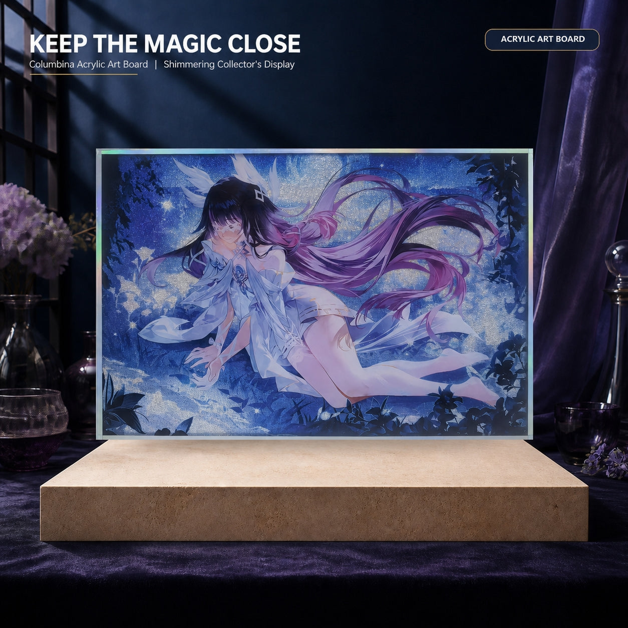 Acrylic art frame styled as refined desk and shelf decor