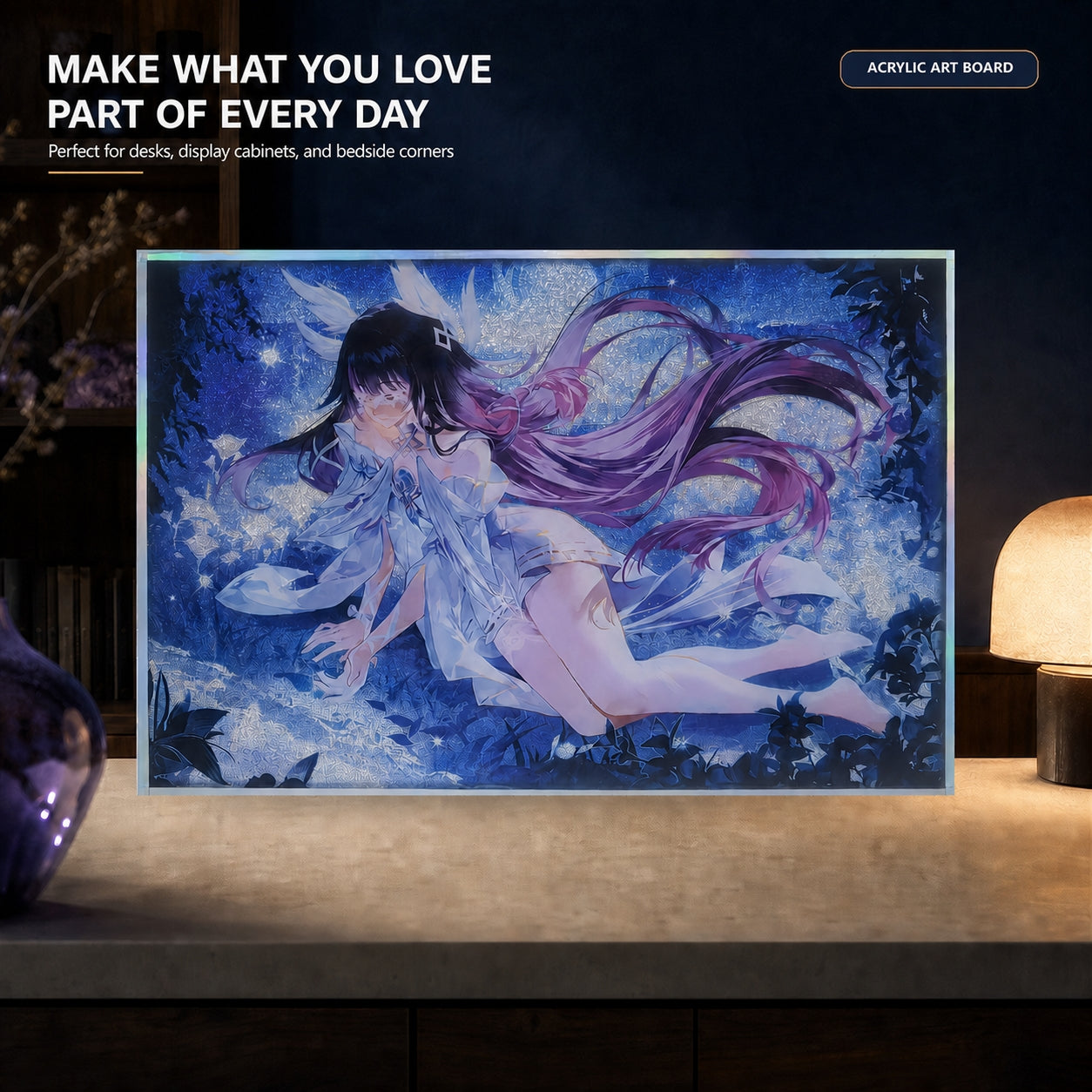 Front view of the acrylic art frame with its display stand