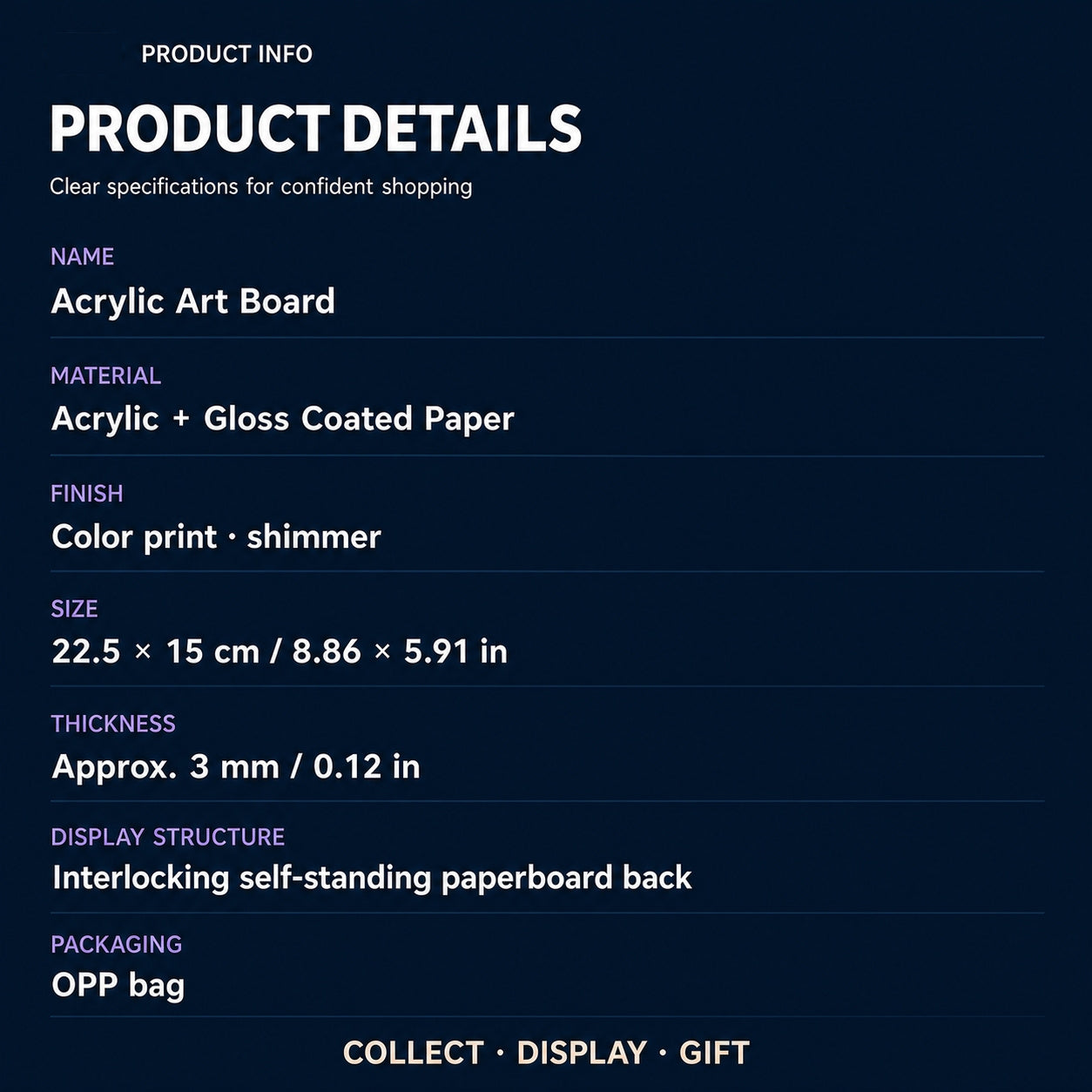 Acrylic art frame packaging and product details