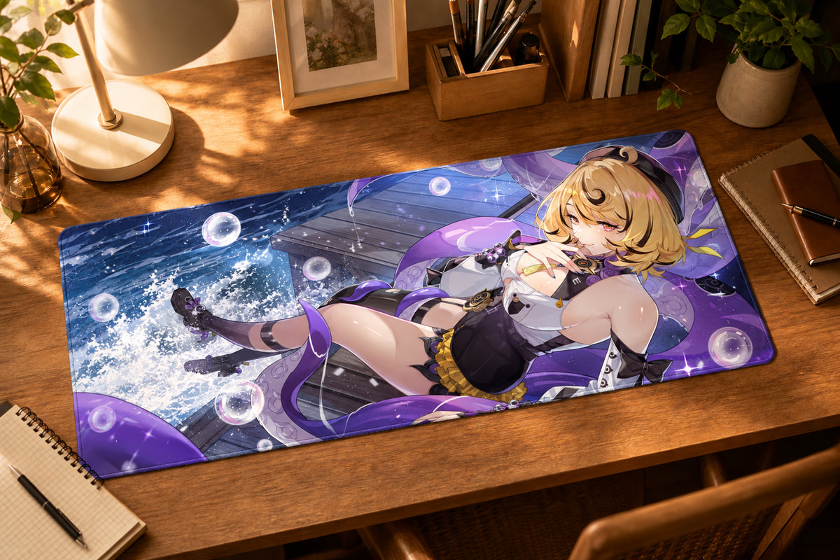 Yidhari 90 x 40 cm desk mat on a warm wood desk