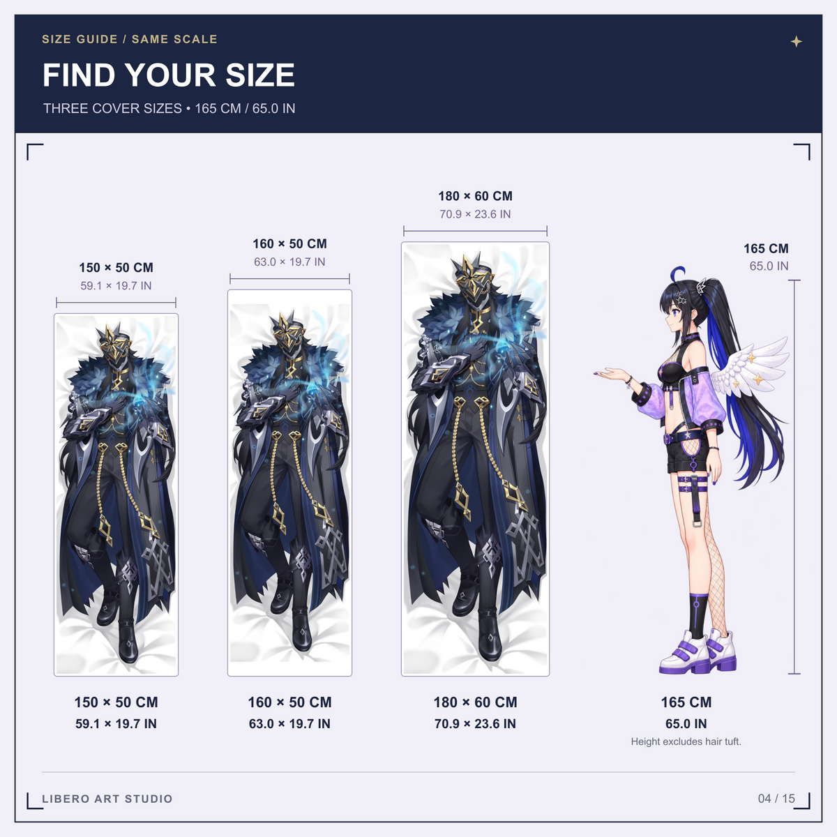 Il Capitano pillowcase size guide: 150 x 50 cm, 160 x 50 cm and 180 x 60 cm with a 165 cm height reference.