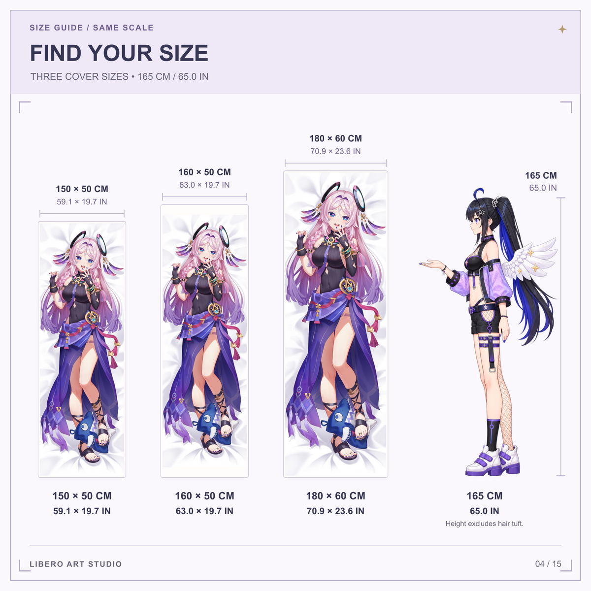 Citlali pillowcase size guide: 150 x 50 cm, 160 x 50 cm and 180 x 60 cm with a 165 cm height reference.