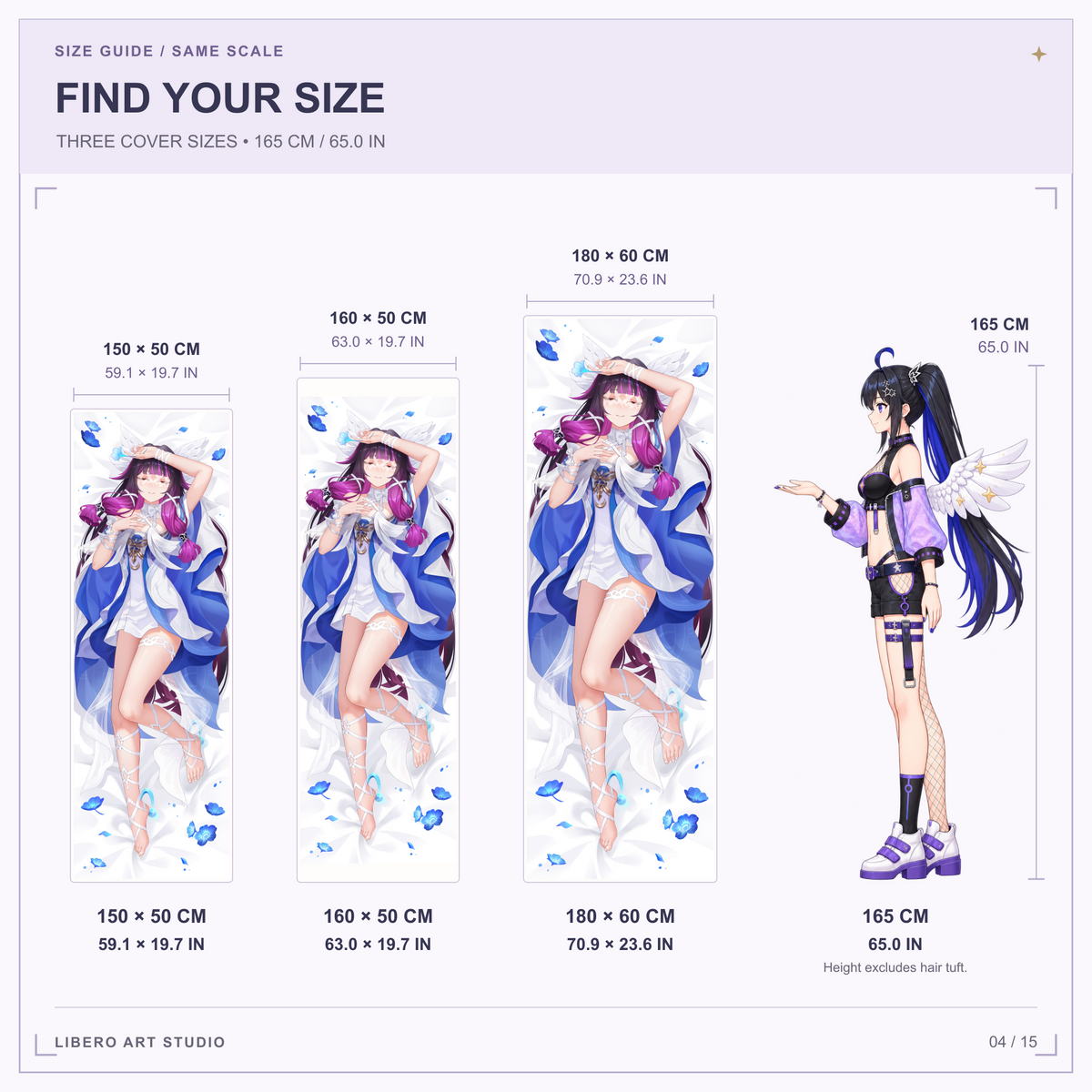 Columbina pillowcase size guide: 150 x 50 cm, 160 x 50 cm and 180 x 60 cm with a 165 cm height reference.