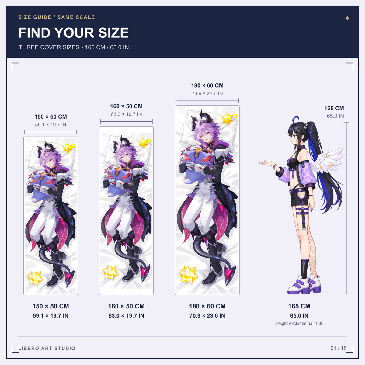 Durin pillowcase size guide: 150 x 50 cm, 160 x 50 cm and 180 x 60 cm with a 165 cm height reference.