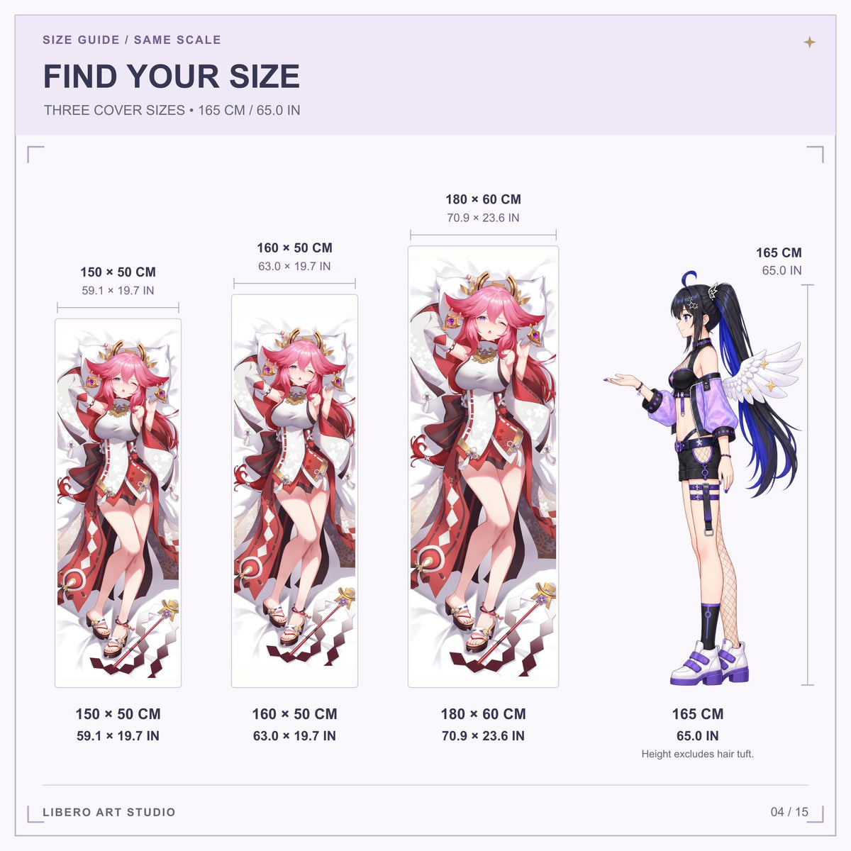 Yae Miko pillowcase size guide: 150 x 50 cm, 160 x 50 cm and 180 x 60 cm with a 165 cm height reference.