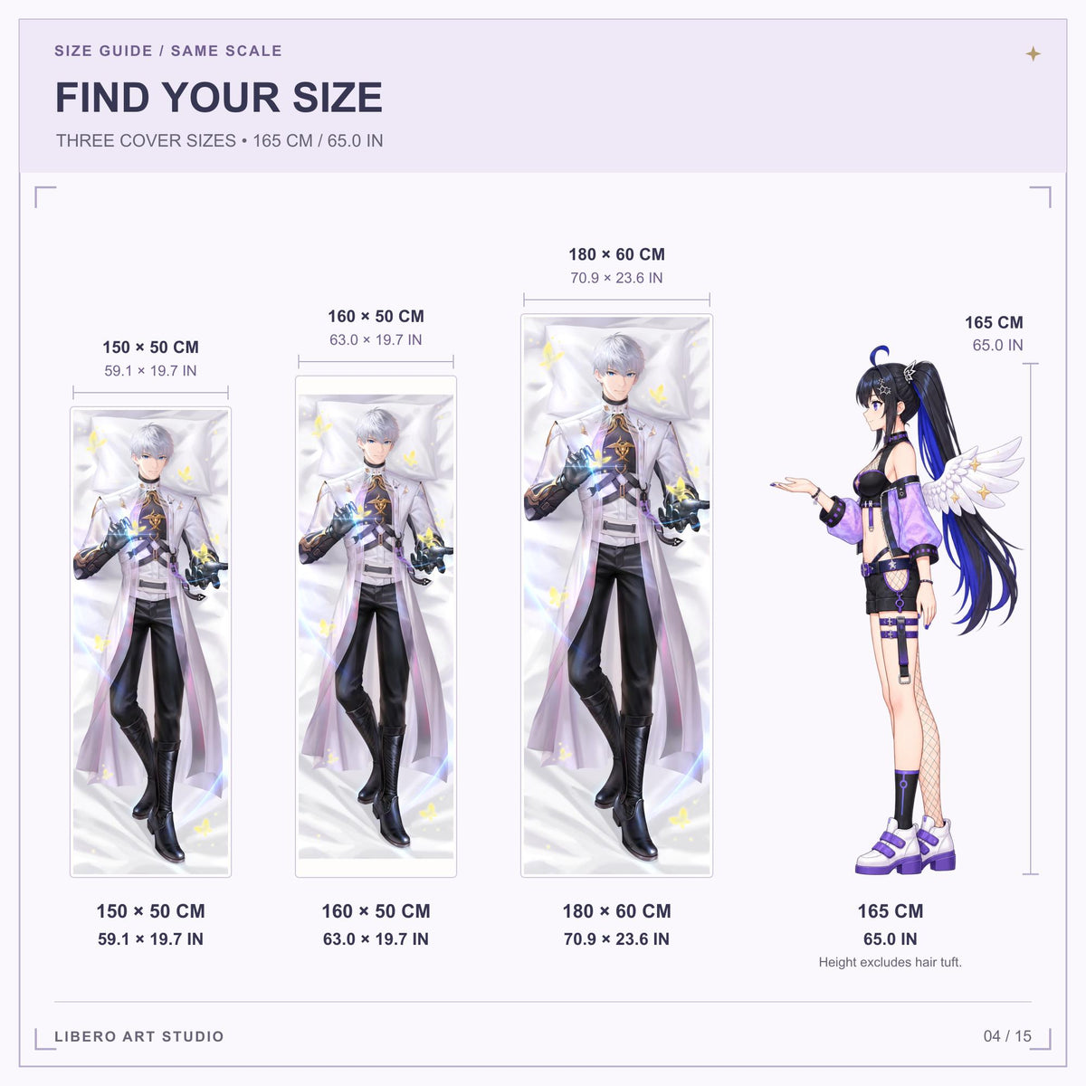 Xavier:Lightseeker pillowcase size guide: 150 x 50 cm, 160 x 50 cm and 180 x 60 cm with a 165 cm height reference.