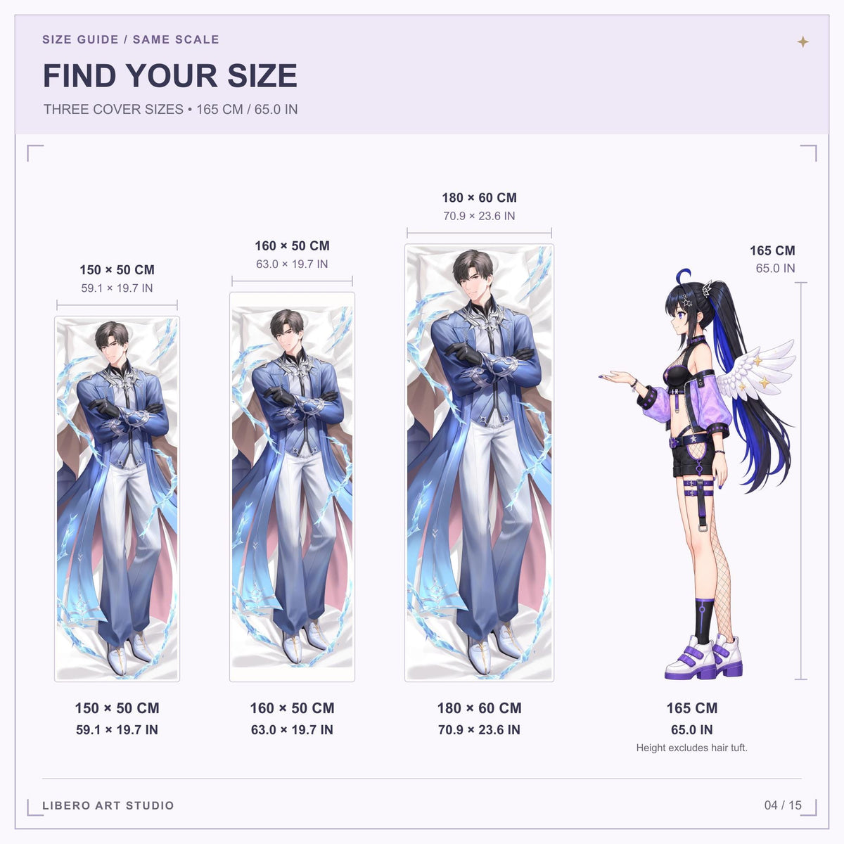 Zayne: Foreseer Love And Deepspace pillowcase size guide: 150 x 50 cm, 160 x 50 cm and 180 x 60 cm with a 165 cm height reference.