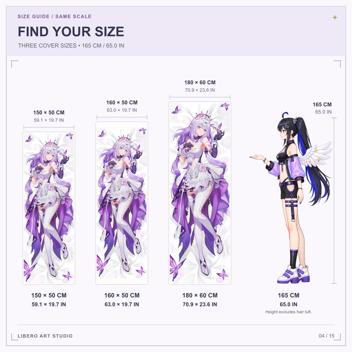 Castorice pillowcase size guide: 150 x 50 cm, 160 x 50 cm and 180 x 60 cm with a 165 cm height reference.