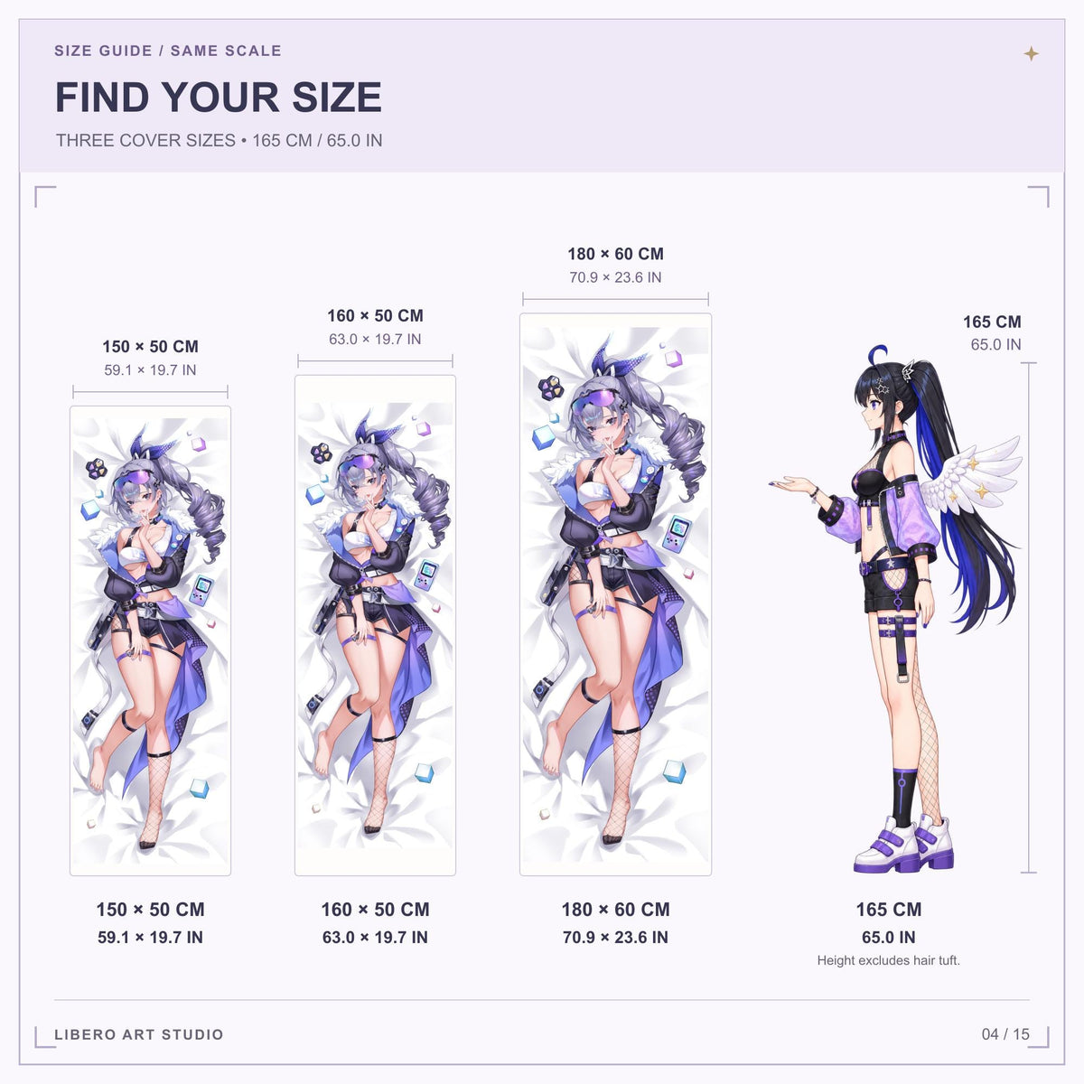 Silver Wolf pillowcase size guide: 150 x 50 cm, 160 x 50 cm and 180 x 60 cm with a 165 cm height reference.