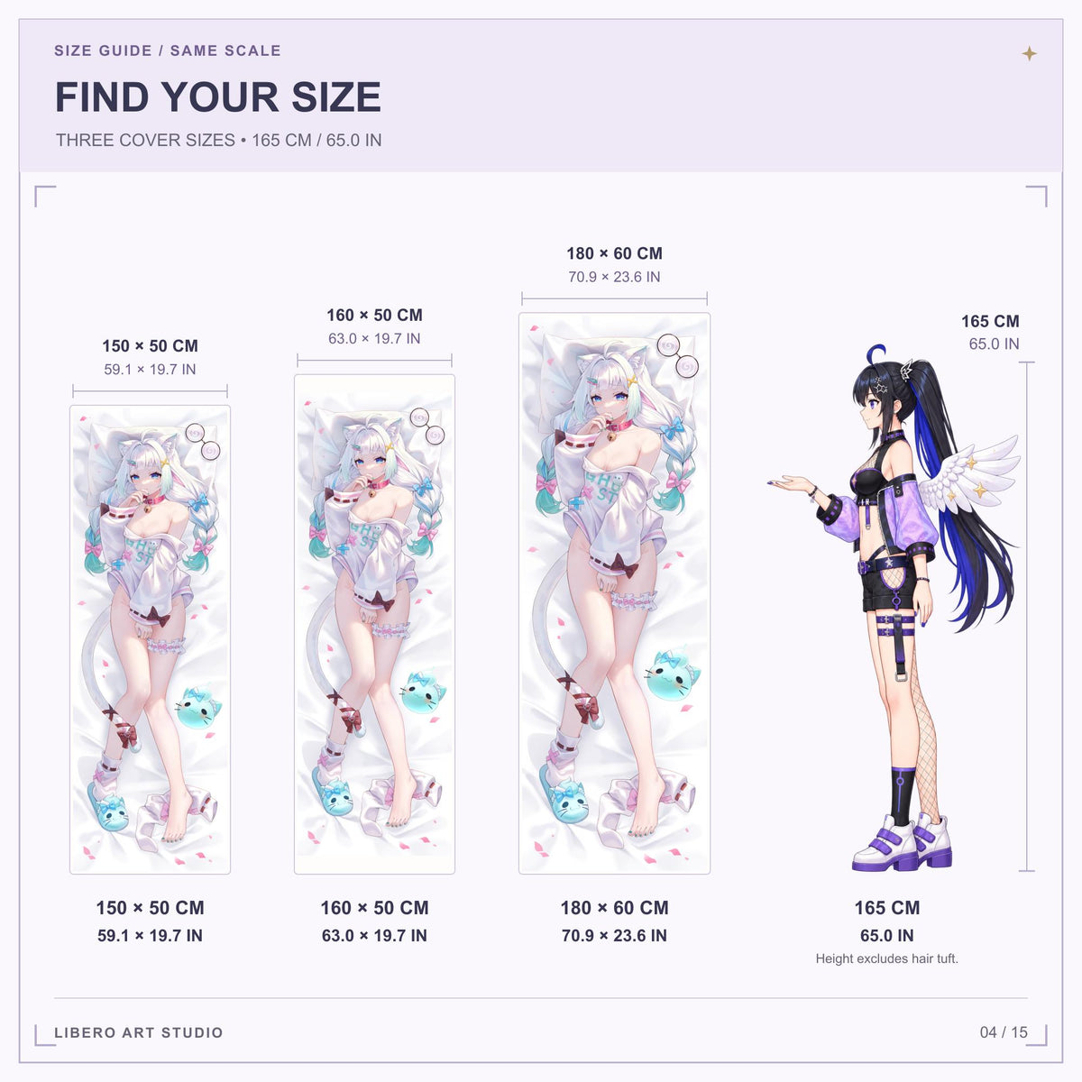 Mint pillowcase size guide: 150 x 50 cm, 160 x 50 cm and 180 x 60 cm with a 165 cm height reference.
