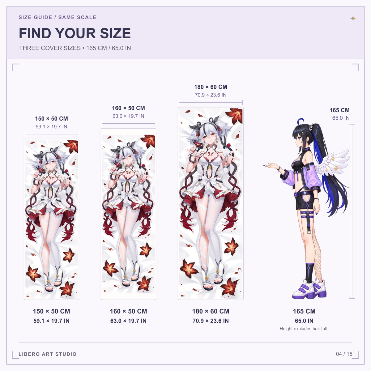 Camellya pillowcase size guide: 150 x 50 cm, 160 x 50 cm and 180 x 60 cm with a 165 cm height reference.