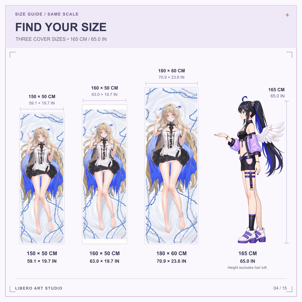 Cartethyia pillowcase size guide: 150 x 50 cm, 160 x 50 cm and 180 x 60 cm with a 165 cm height reference.