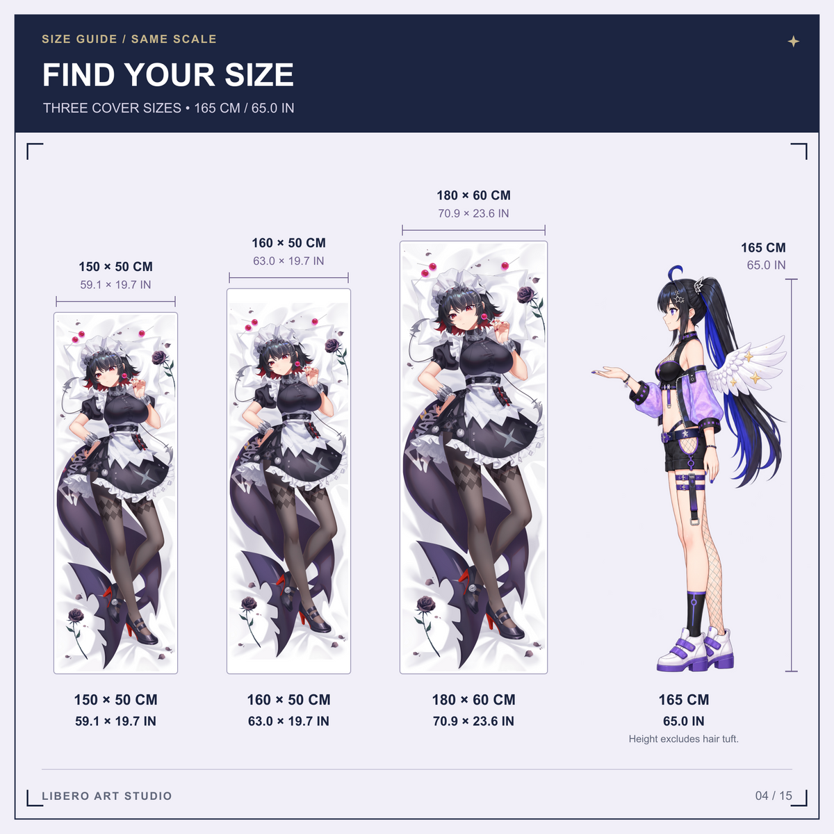 Ellen Joe pillowcase size guide: 150 x 50 cm, 160 x 50 cm and 180 x 60 cm with a 165 cm height reference.