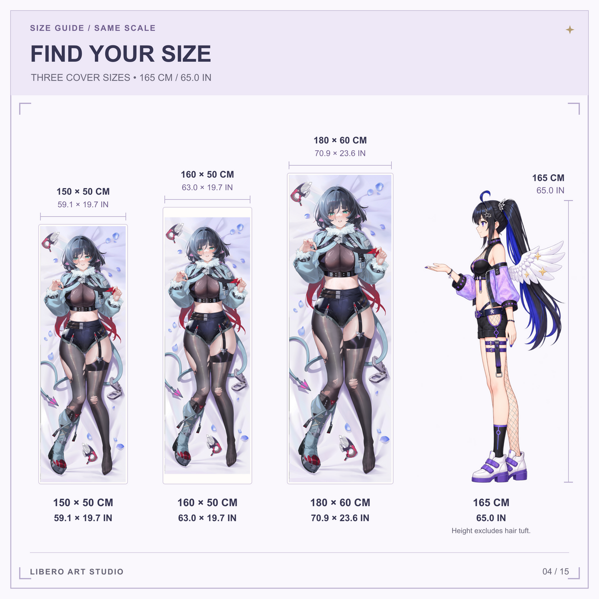 Jane Doe pillowcase size guide: 150 x 50 cm, 160 x 50 cm and 180 x 60 cm with a 165 cm height reference.