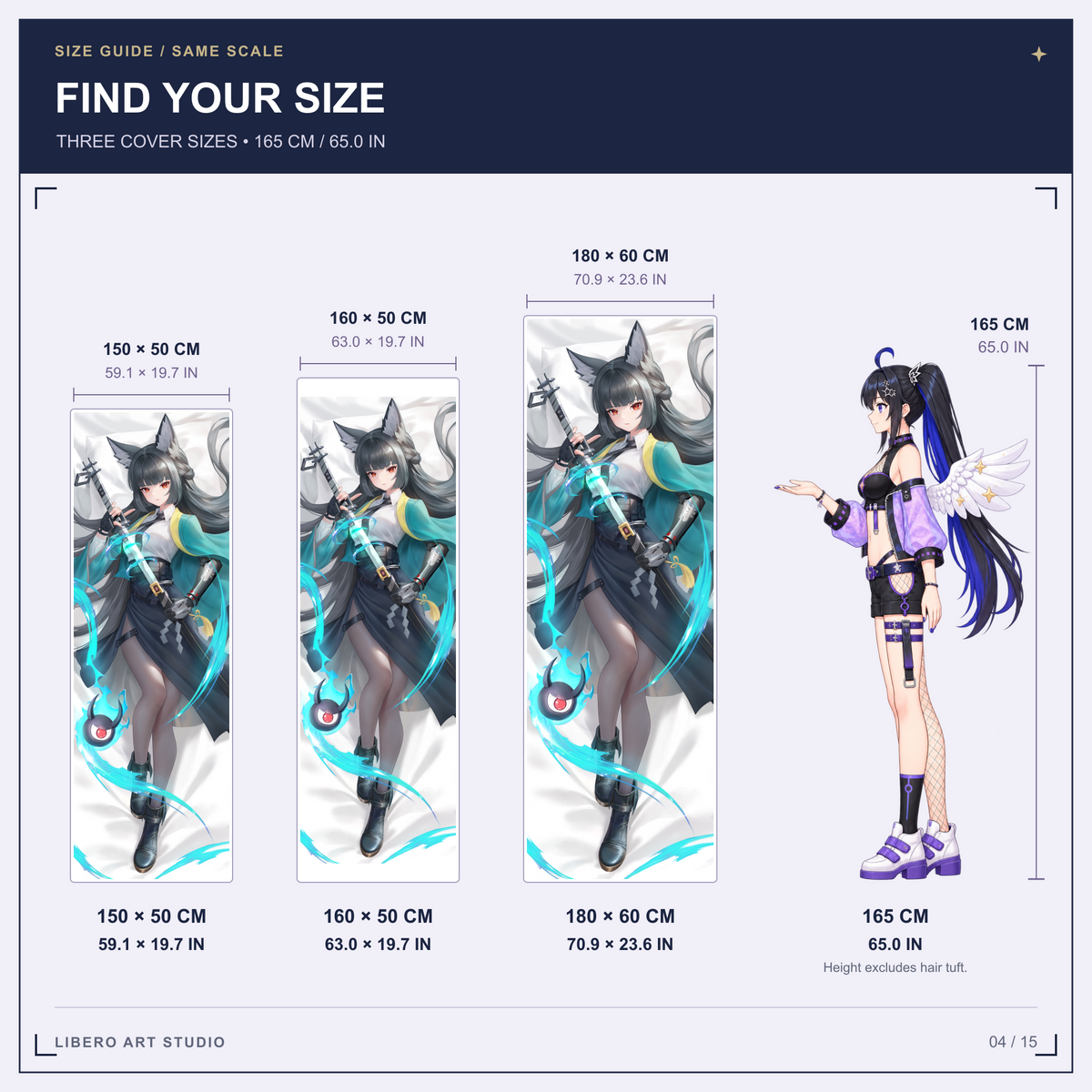 Hoshimi Miyabi pillowcase size guide: 150 x 50 cm, 160 x 50 cm and 180 x 60 cm with a 165 cm height reference.