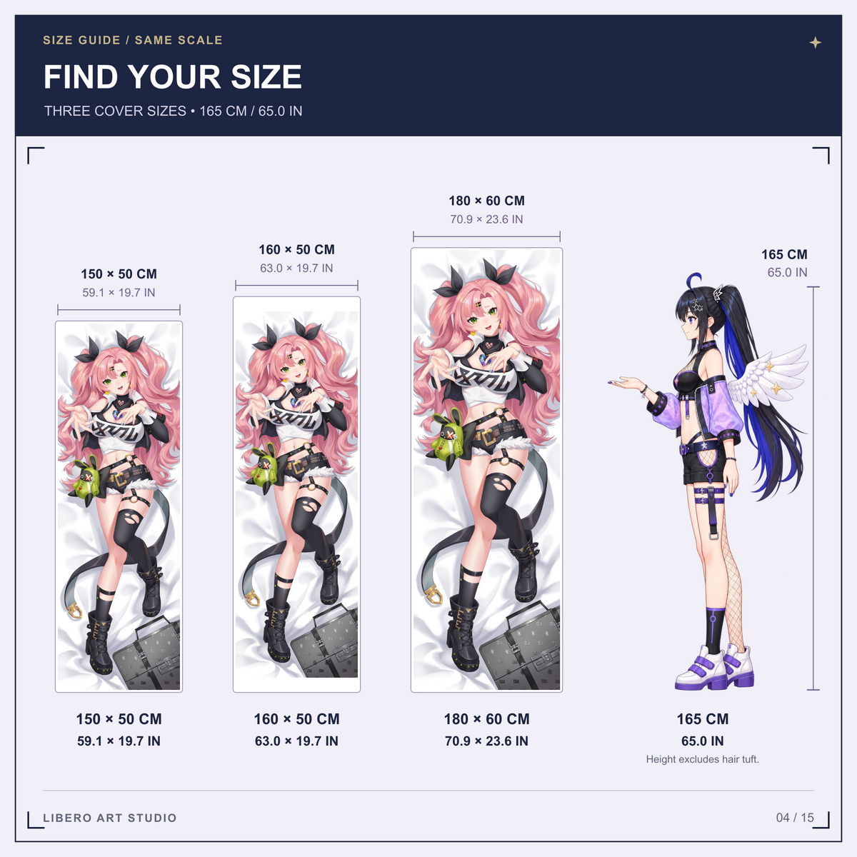 Nicole pillowcase size guide: 150 x 50 cm, 160 x 50 cm and 180 x 60 cm with a 165 cm height reference.