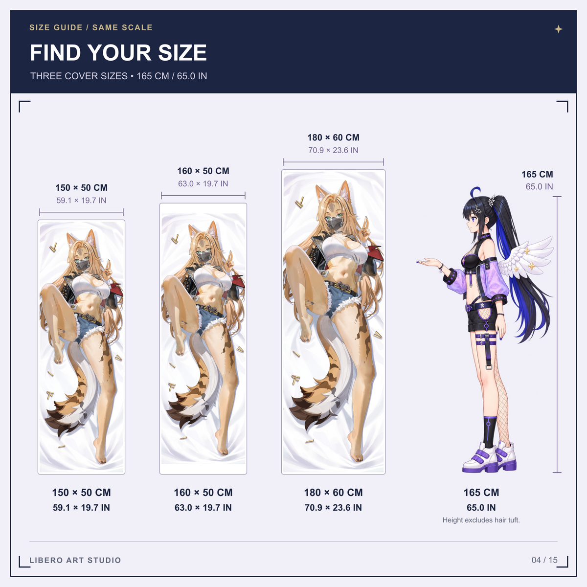 Pulchra pillowcase size guide: 150 x 50 cm, 160 x 50 cm and 180 x 60 cm with a 165 cm height reference.