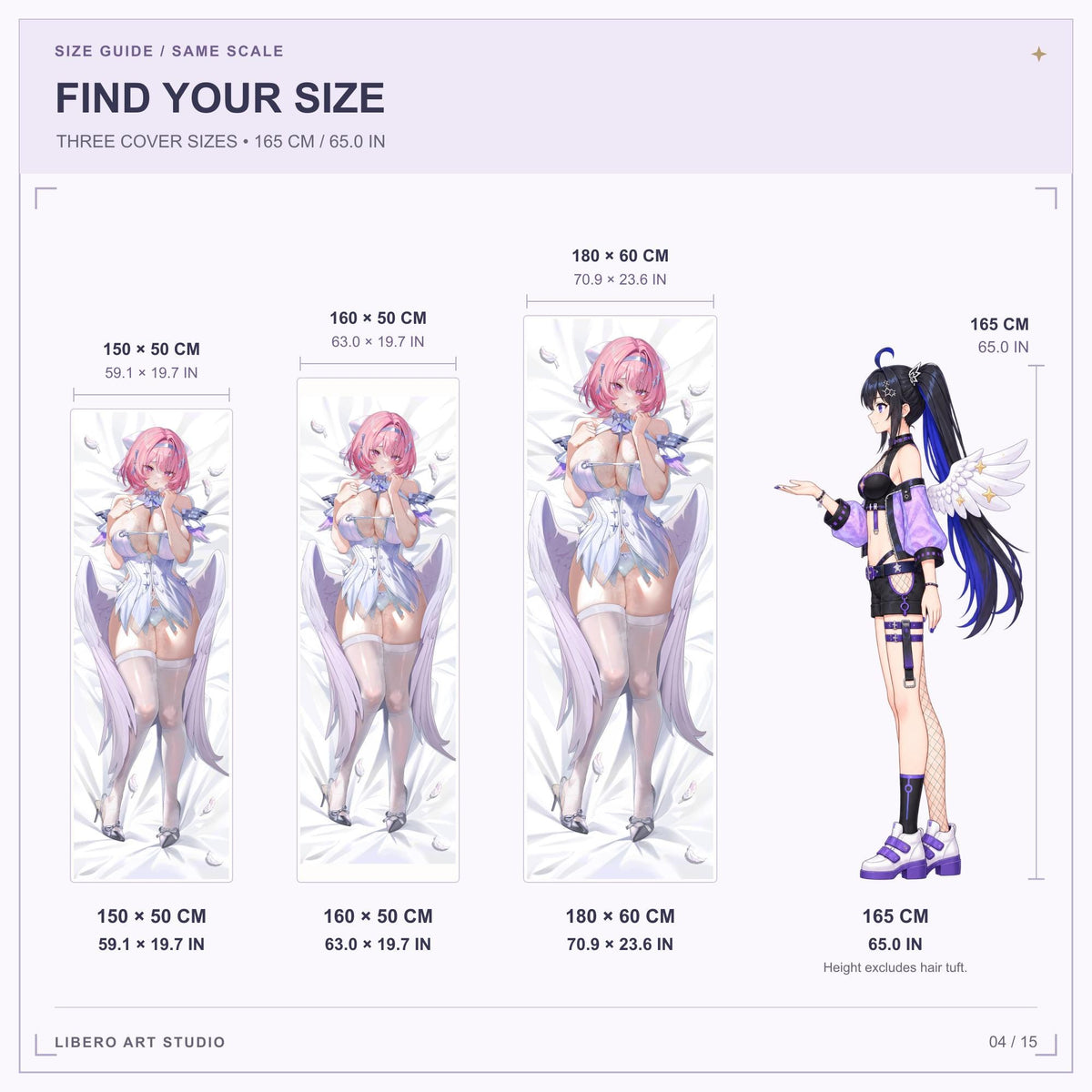 Remielle pillowcase size guide: 150 x 50 cm, 160 x 50 cm and 180 x 60 cm with a 165 cm height reference.
