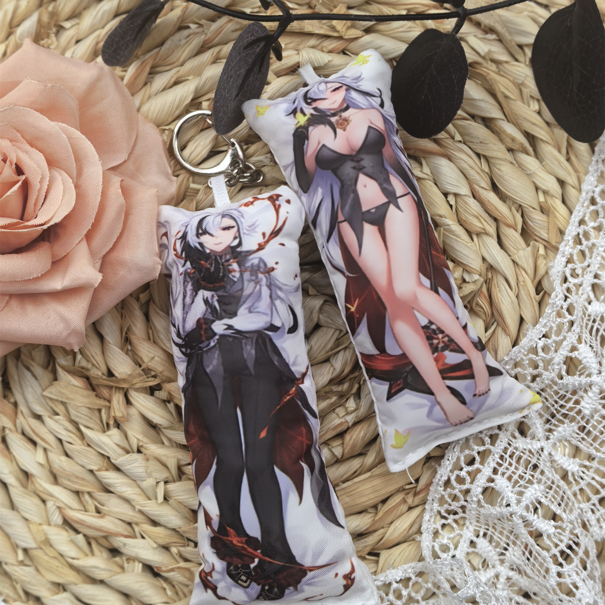 GI Mini Dakimakura Pillow Keychain, 4 × 12 cm Plush Pillow Charm, Double-Sided Character Art Bag Accessory, Gift for Anime Fans