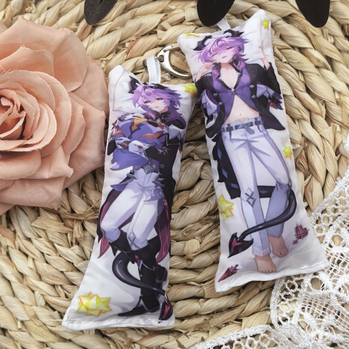 GI Mini Dakimakura Pillow Keychain, 4 × 12 cm Plush Pillow Charm, Double-Sided Character Art Bag Accessory, Gift for Anime Fans
