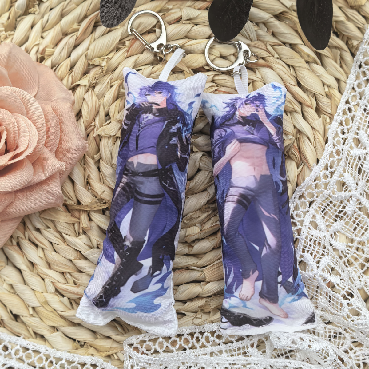 GI Mini Dakimakura Pillow Keychain, 4 × 12 cm Plush Pillow Charm, Double-Sided Character Art Bag Accessory, Gift for Anime Fans