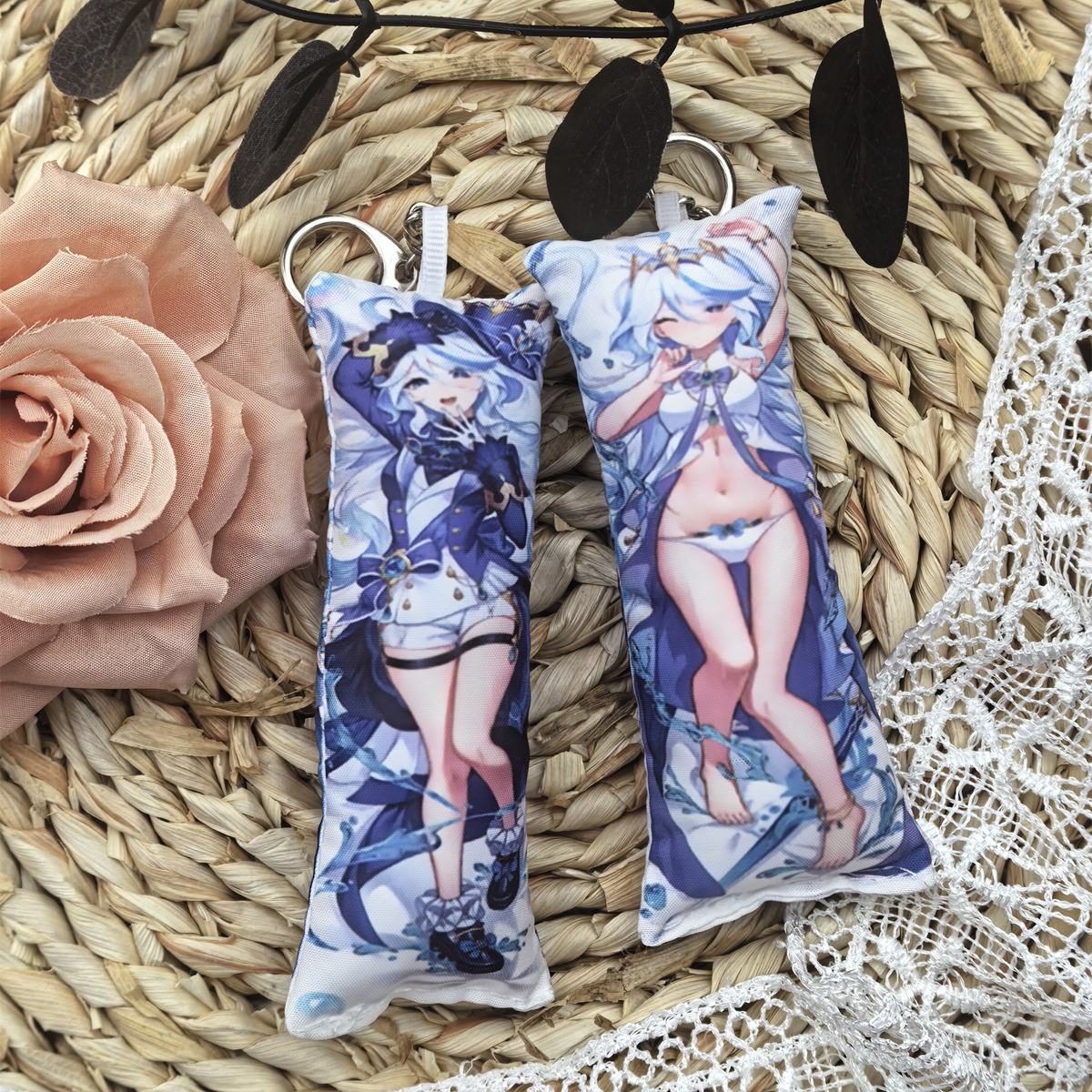 GI Mini Dakimakura Pillow Keychain, 4 × 12 cm Plush Pillow Charm, Double-Sided Character Art Bag Accessory, Gift for Anime Fans