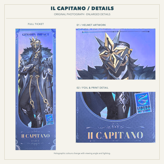 Il Capitano holographic ticket with enlarged helmet artwork and foil print details.