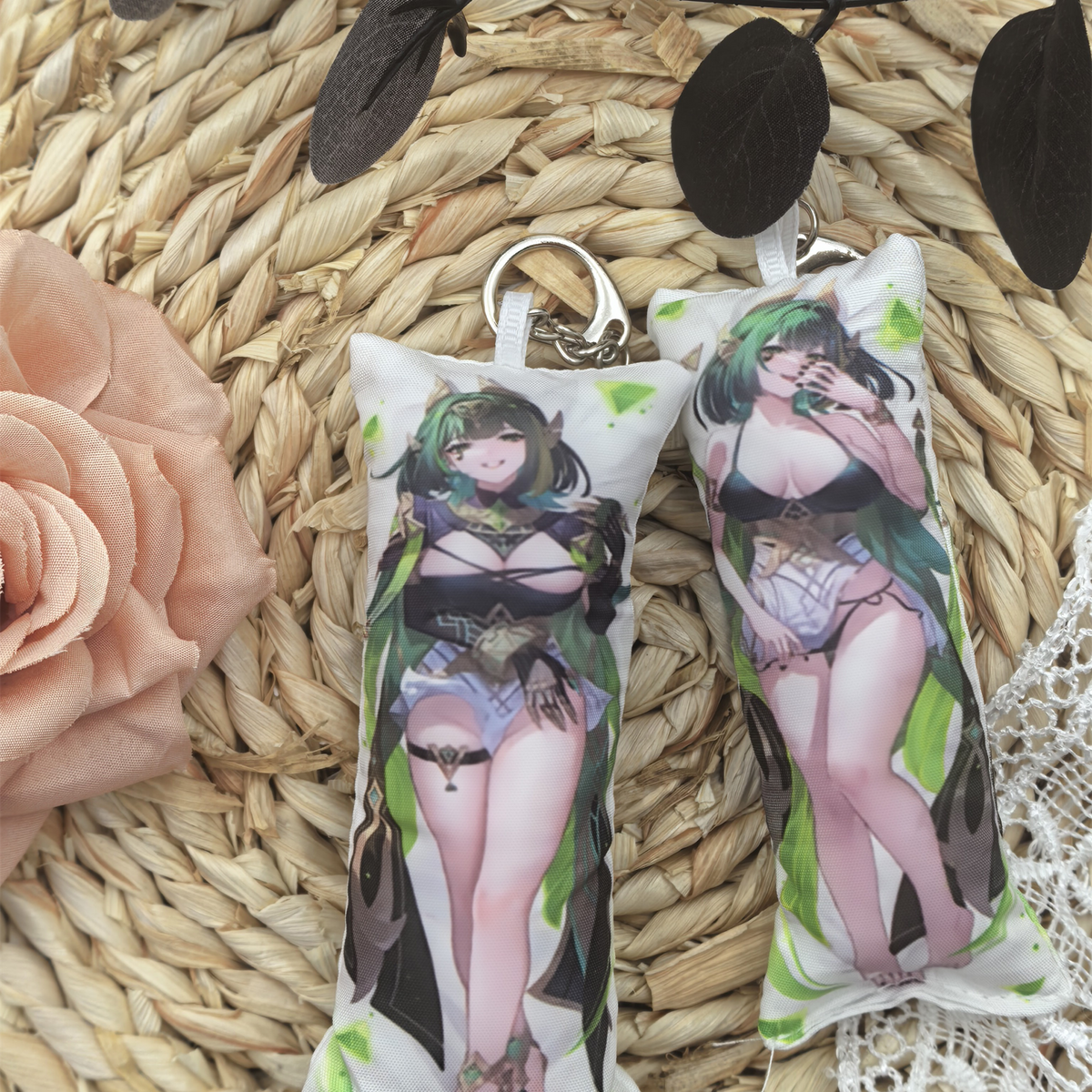 GI Mini Dakimakura Pillow Keychain, 4 × 12 cm Plush Pillow Charm, Double-Sided Character Art Bag Accessory, Gift for Anime Fans