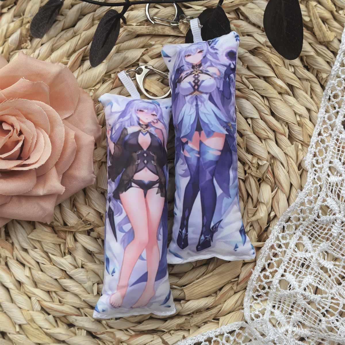 GI Mini Dakimakura Pillow Keychain, 4 × 12 cm Plush Pillow Charm, Double-Sided Character Art Bag Accessory, Gift for Anime Fans