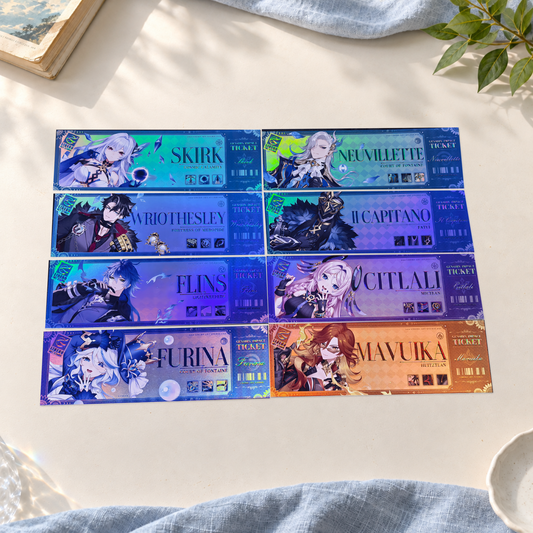 Genshin Impact holographic ticket collection featuring Skirk, Neuvillette, Wriothesley, Il Capitano, Flins, Citlali, Furina and Mavuika on a tabletop.