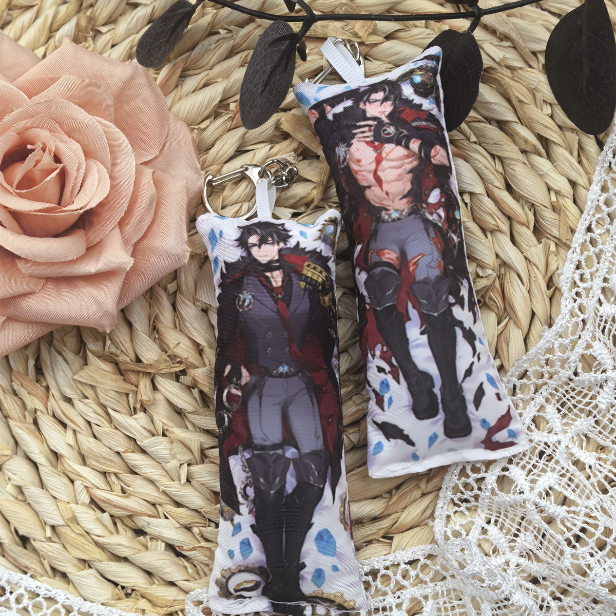 GI Mini Dakimakura Pillow Keychain, 4 × 12 cm Plush Pillow Charm, Double-Sided Character Art Bag Accessory, Gift for Anime Fans
