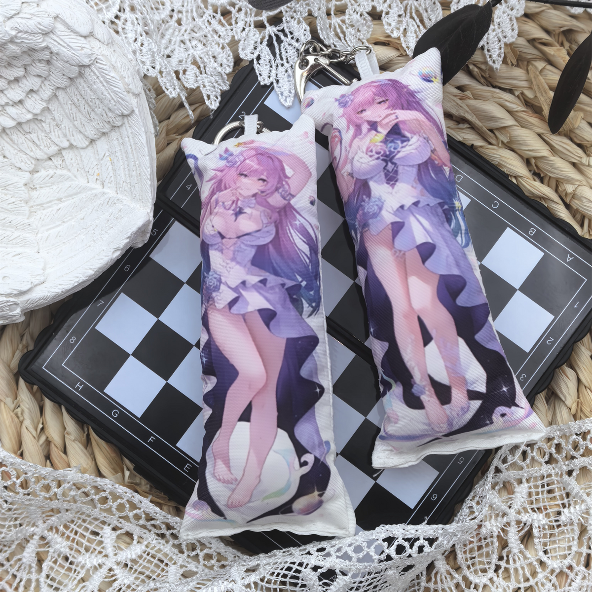 HSR Mini Dakimakura Pillow Keychain, 4 × 12 cm Plush Pillow Charm, Double-Sided Character Art Bag Accessory, Gift for Anime Fans