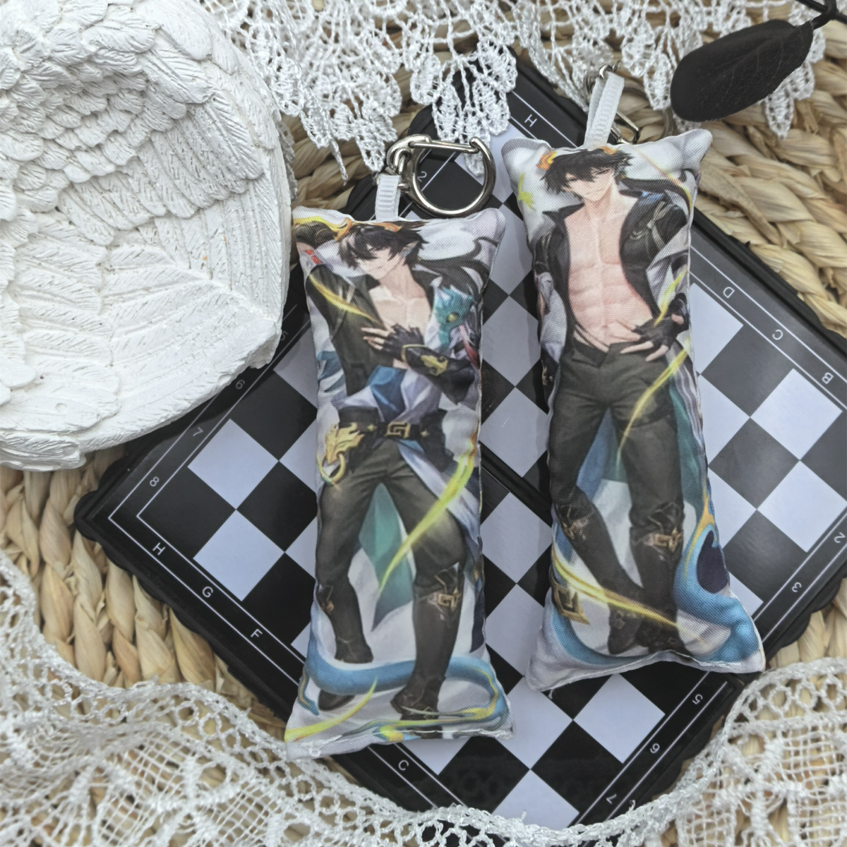 HSR Mini Dakimakura Pillow Keychain, 4 × 12 cm Plush Pillow Charm, Double-Sided Character Art Bag Accessory, Gift for Anime Fans