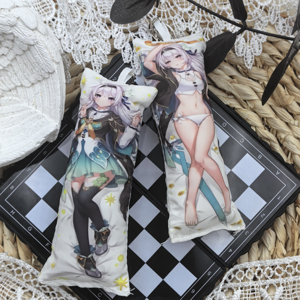 HSR Mini Dakimakura Pillow Keychain, 4 × 12 cm Plush Pillow Charm, Double-Sided Character Art Bag Accessory, Gift for Anime Fans