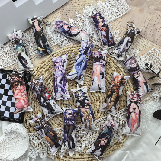 HSR Mini Dakimakura Pillow Keychain, 4 × 12 cm Plush Pillow Charm, Double-Sided Character Art Bag Accessory, Gift for Anime Fans