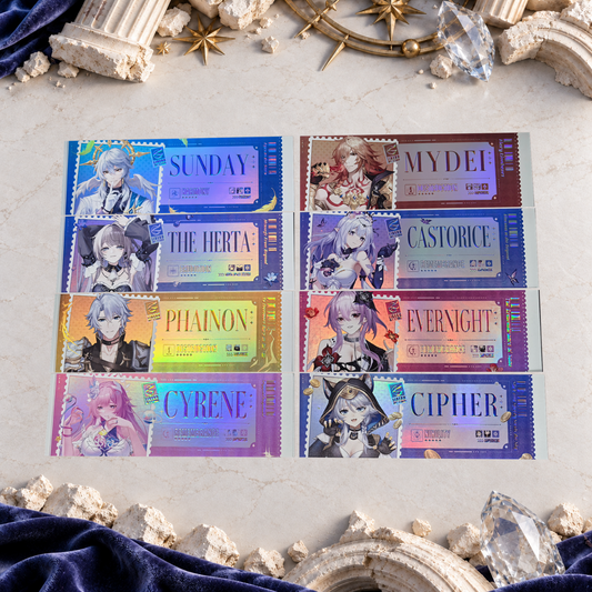 Honkai Star Rail holographic ticket collection featuring Sunday, The Herta, Castorice, Cipher, Cyrene, Evernight, Mydei and Phainon, arranged horizontally on a tabletop.