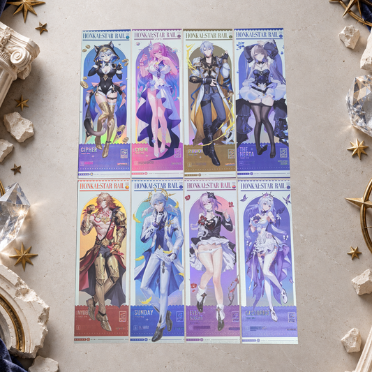 Front artwork of eight Honkai Star Rail holographic tickets featuring Sunday, The Herta, Castorice, Cipher, Cyrene, Evernight, Mydei and Phainon, arranged vertically on a tabletop.