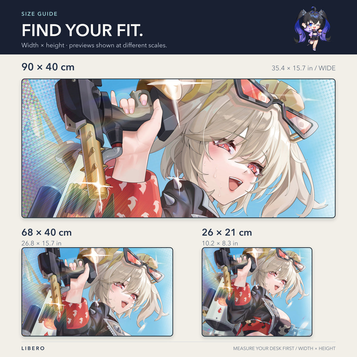 Burnice mouse pad: 26 x 21, 68 x 40 and 90 x 40 cm size comparison