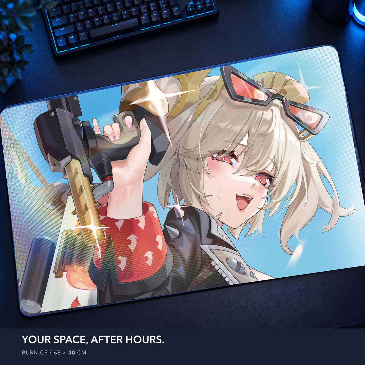 Burnice mouse pad: night desk setup mockup
