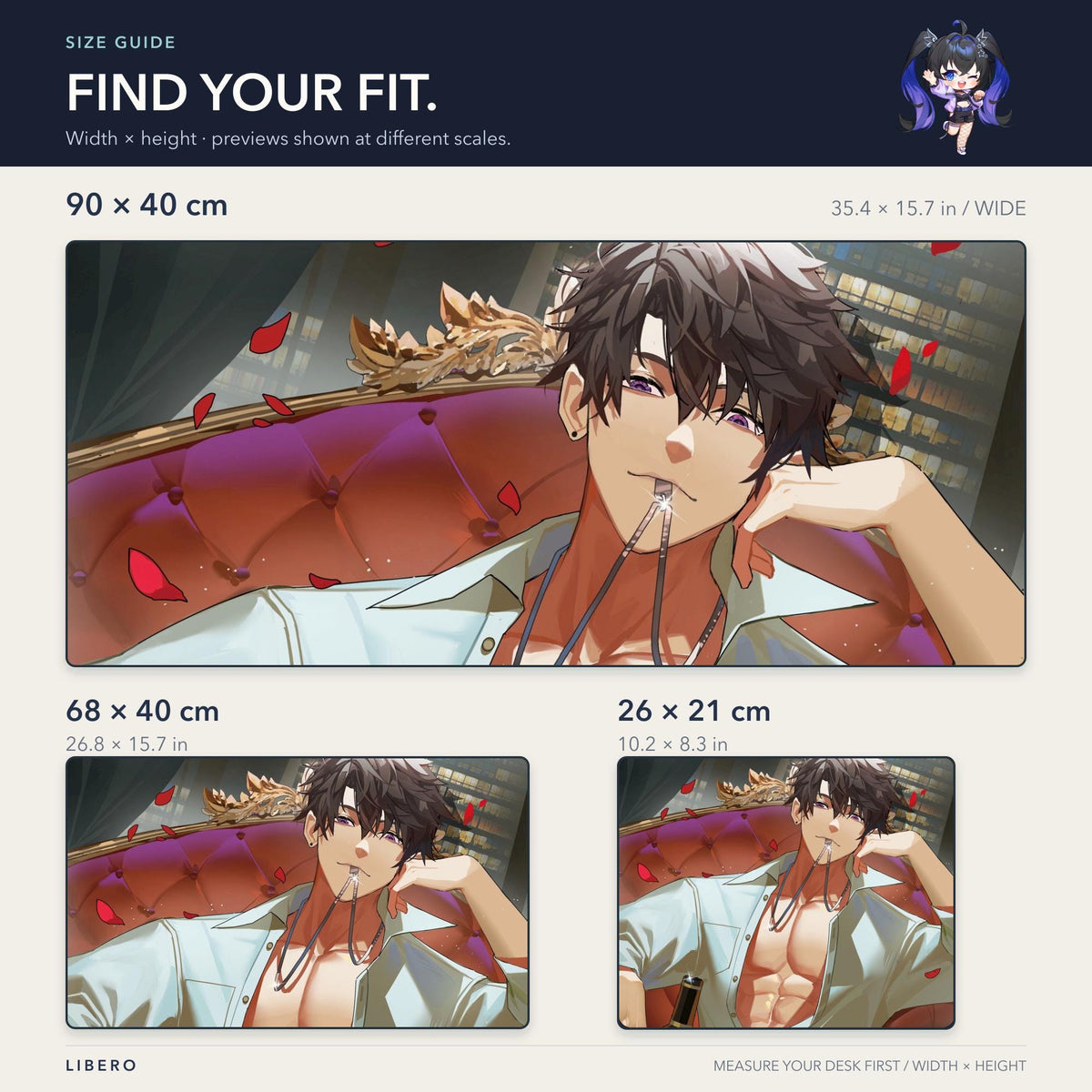 Caleb mouse pad: size comparison: 26 x 21, 68 x 40 and 90 x 40 cm