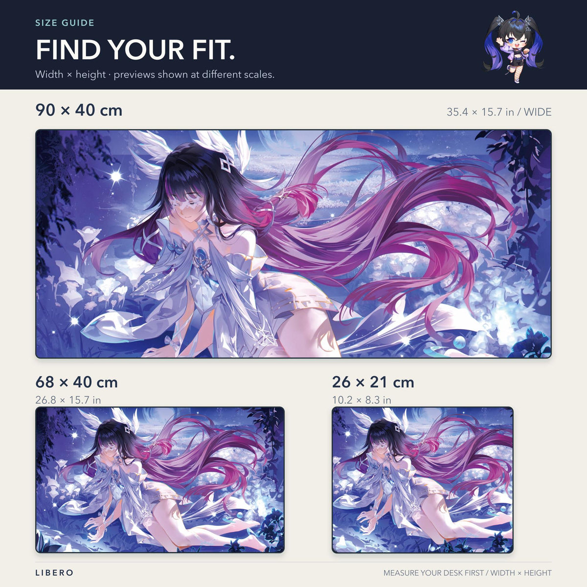 Columbina mouse pad: size comparison: 26 x 21, 68 x 40 and 90 x 40 cm