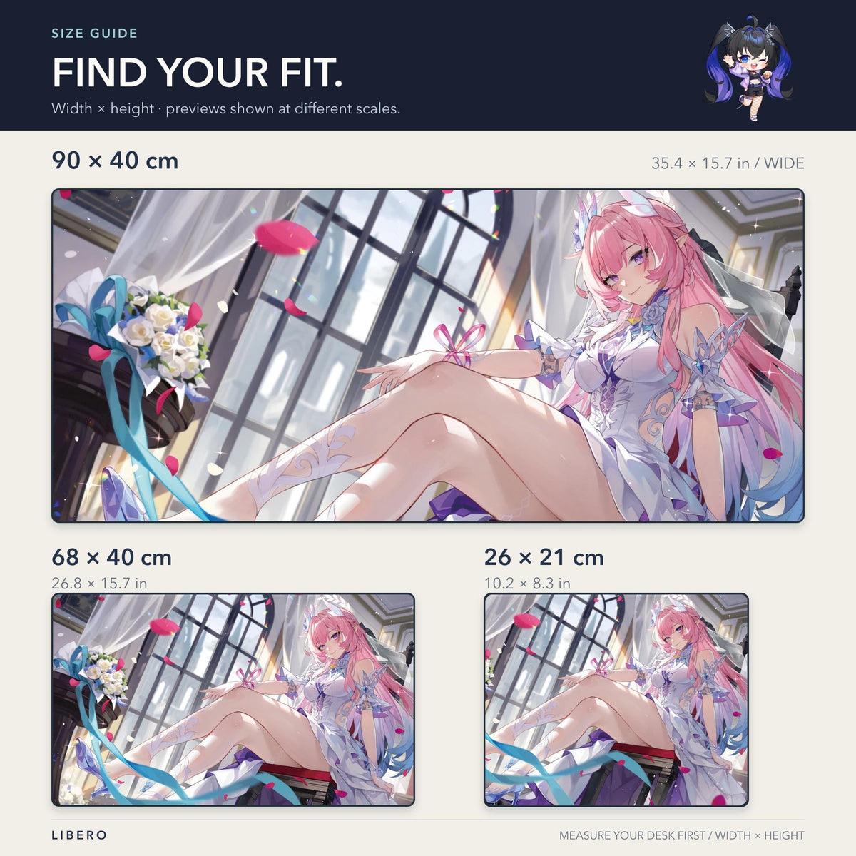 Cyrene mouse pad: size comparison: 26 x 21, 68 x 40 and 90 x 40 cm