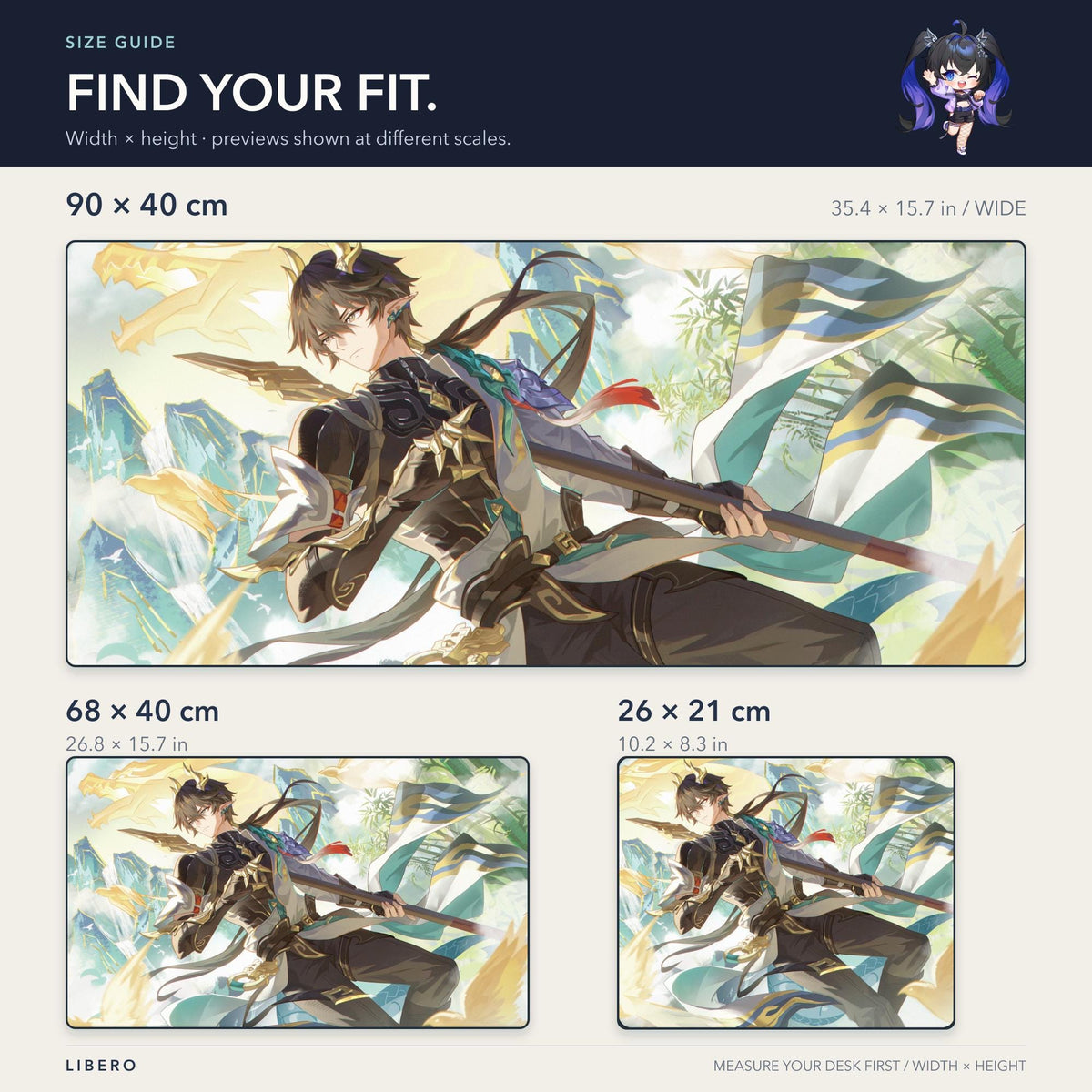 Dan Heng PT mouse pad: size comparison: 26 x 21, 68 x 40 and 90 x 40 cm