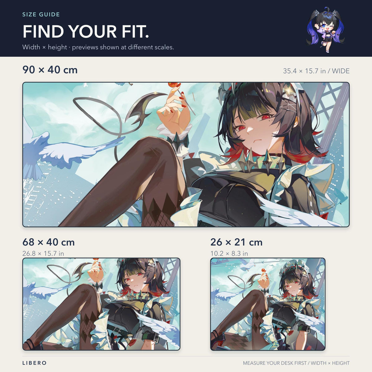 Ellen Joe mouse pad: size comparison: 26 x 21, 68 x 40 and 90 x 40 cm