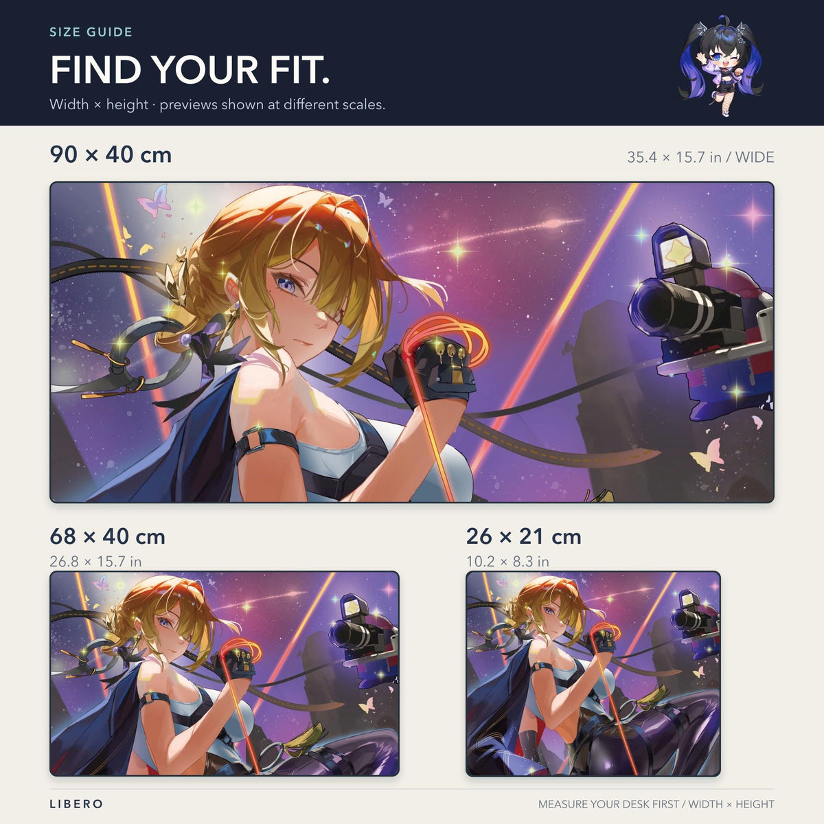 Evelyn mouse pad: size comparison: 26 x 21, 68 x 40 and 90 x 40 cm