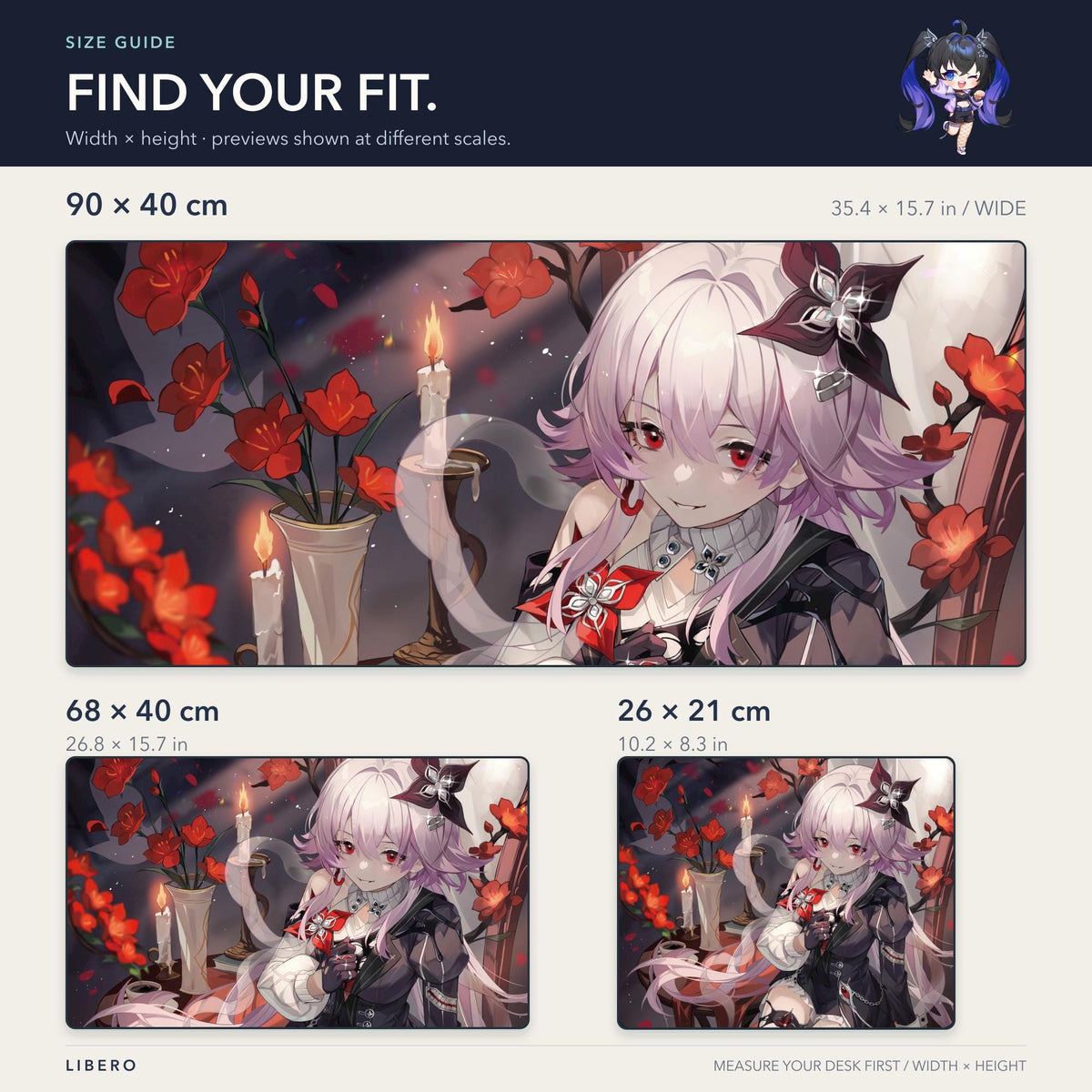 Evernight mouse pad: size comparison: 26 x 21, 68 x 40 and 90 x 40 cm