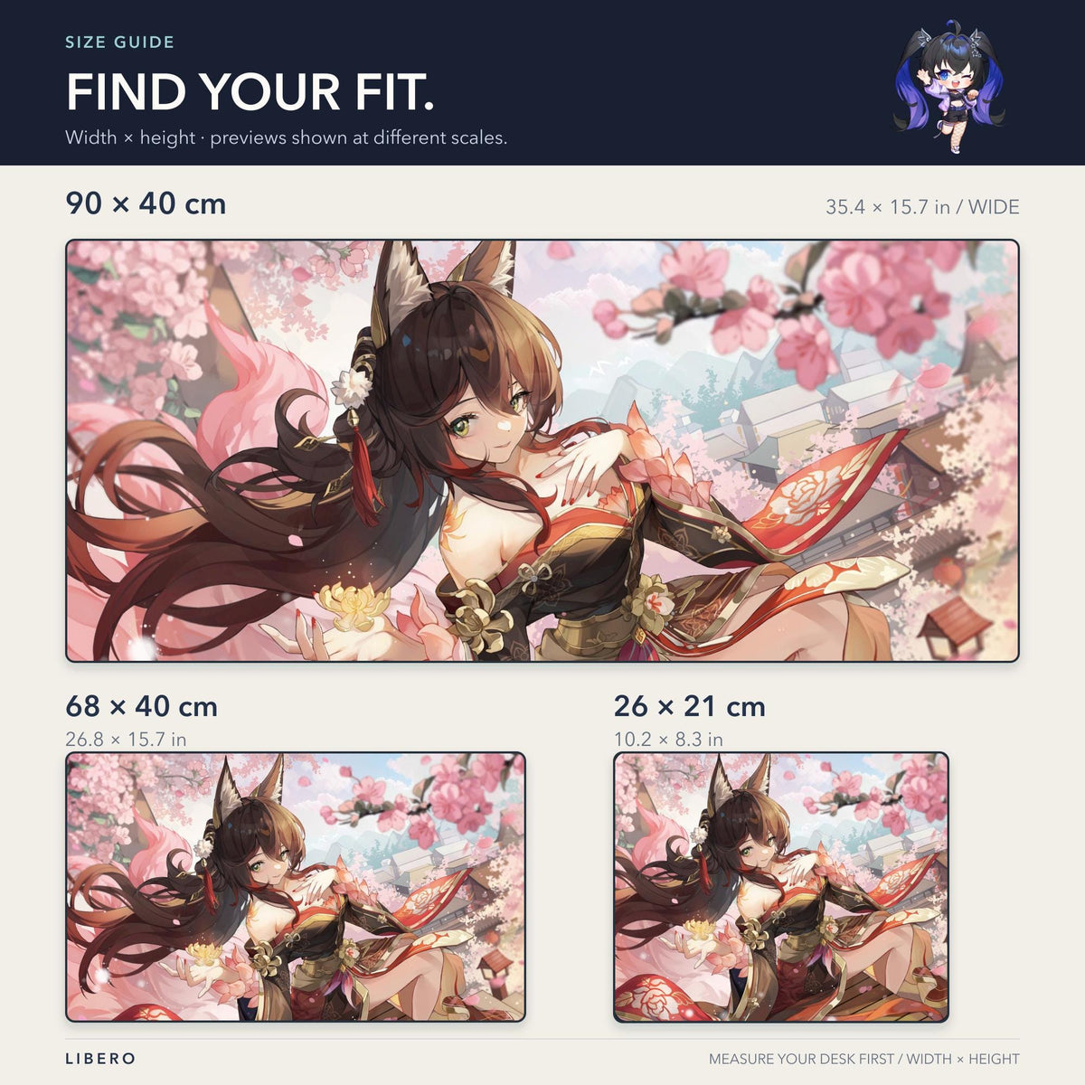 Fugue mouse pad: size comparison: 26 x 21, 68 x 40 and 90 x 40 cm